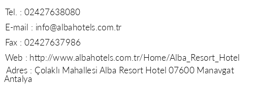 Alba Resort Hotel telefon numaralar, faks, e-mail, posta adresi ve iletiim bilgileri